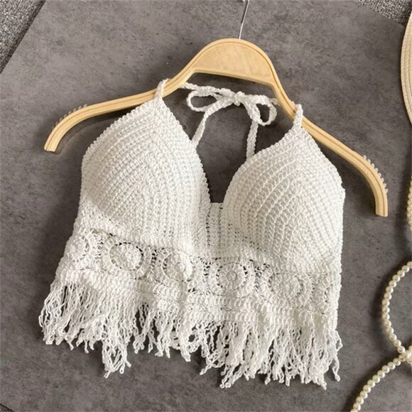 White Handmade Crochet Lace Halter Bralette Top Boho Festival Beach Crop Top - Picture 1 of 10
